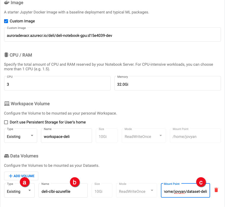 Data volumes settings
